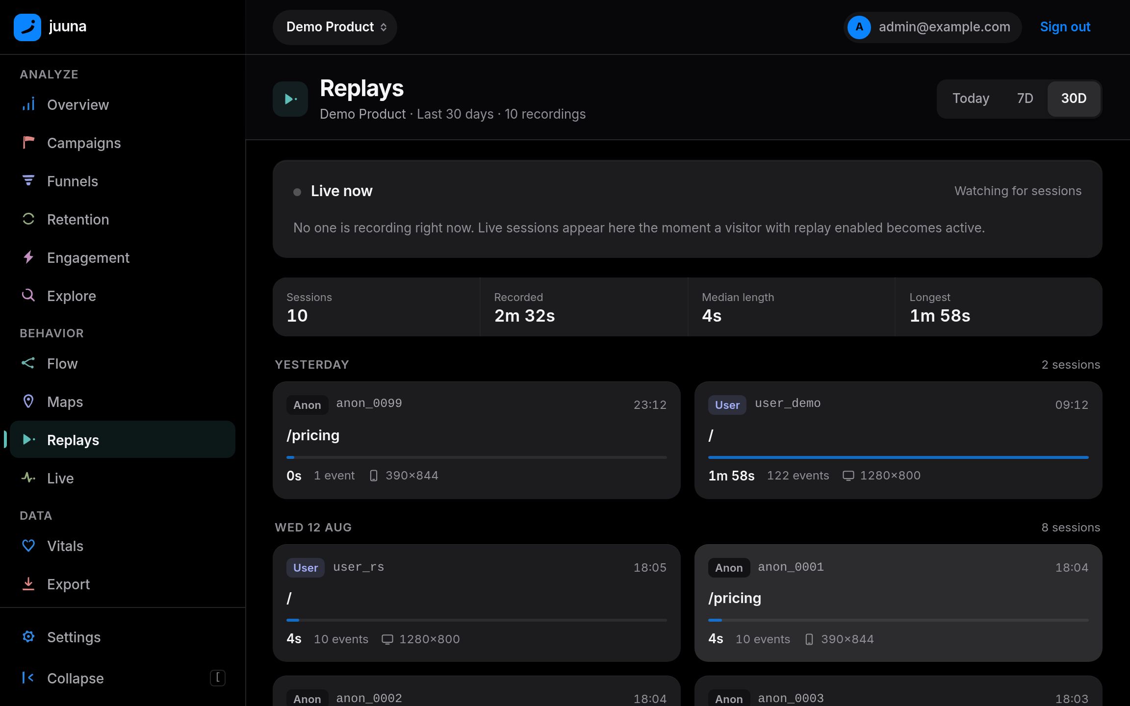The session replay index: a live-now panel above a table of recorded sessions with visitor, page, duration and event count