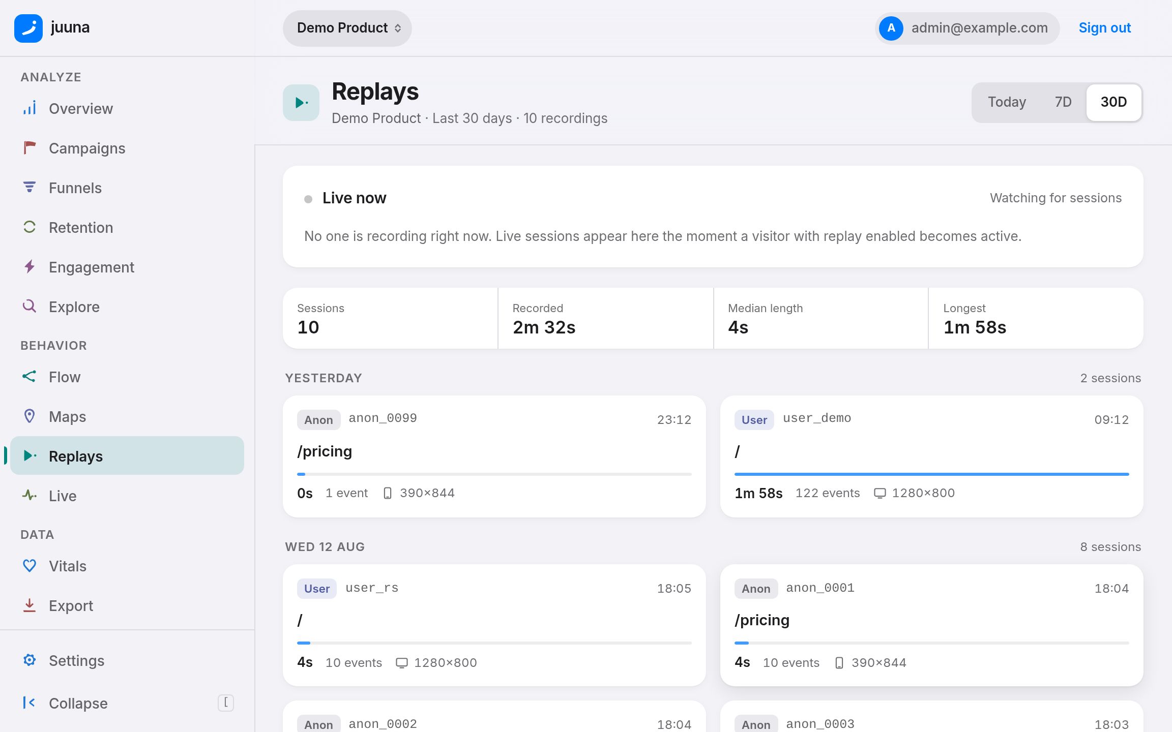 The session replay index: a live-now panel above a table of recorded sessions with visitor, page, duration and event count